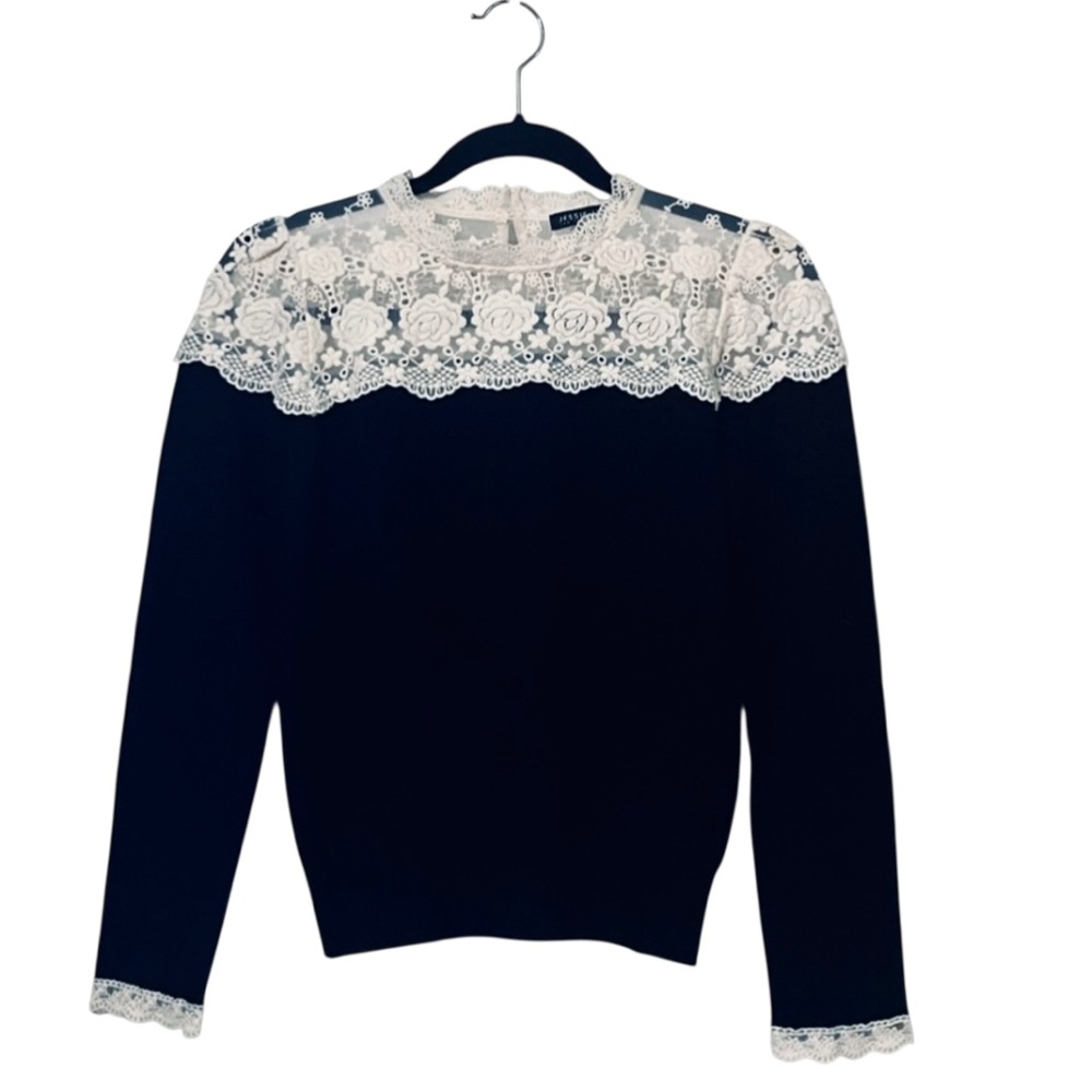 Jessie Liu Amari Black Merino Wool Long Sleeve Sweater Lace Yoke Detail